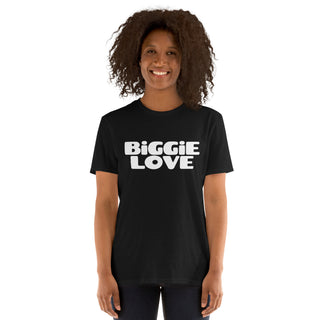 The Happy Channel® BiGGiE LOVE unisex T-shirt in black worn by a woman