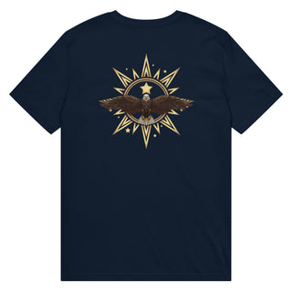 The Happy Channel® Eagle Sun Star Unisex T-Shirt in French Navy, back view