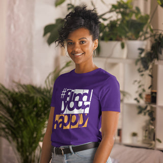 Woman wearing The Happy Channel® #FindYourHappy purple unisex T-shirt