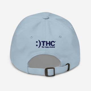 Back view of The Happy Channel® Smile Dad Hat in Sky Blue with navy embroidered The Happy Channel® logo