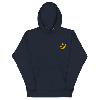 The Happy Channel® Smile Unisex Premium Hoodie in navy with gold embroidered Smile