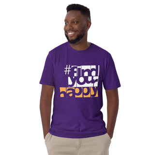 The Happy Channel® #FindYourHappy Unisex T-Shirt in Purple, featuring bold white and orange text design, on male model.